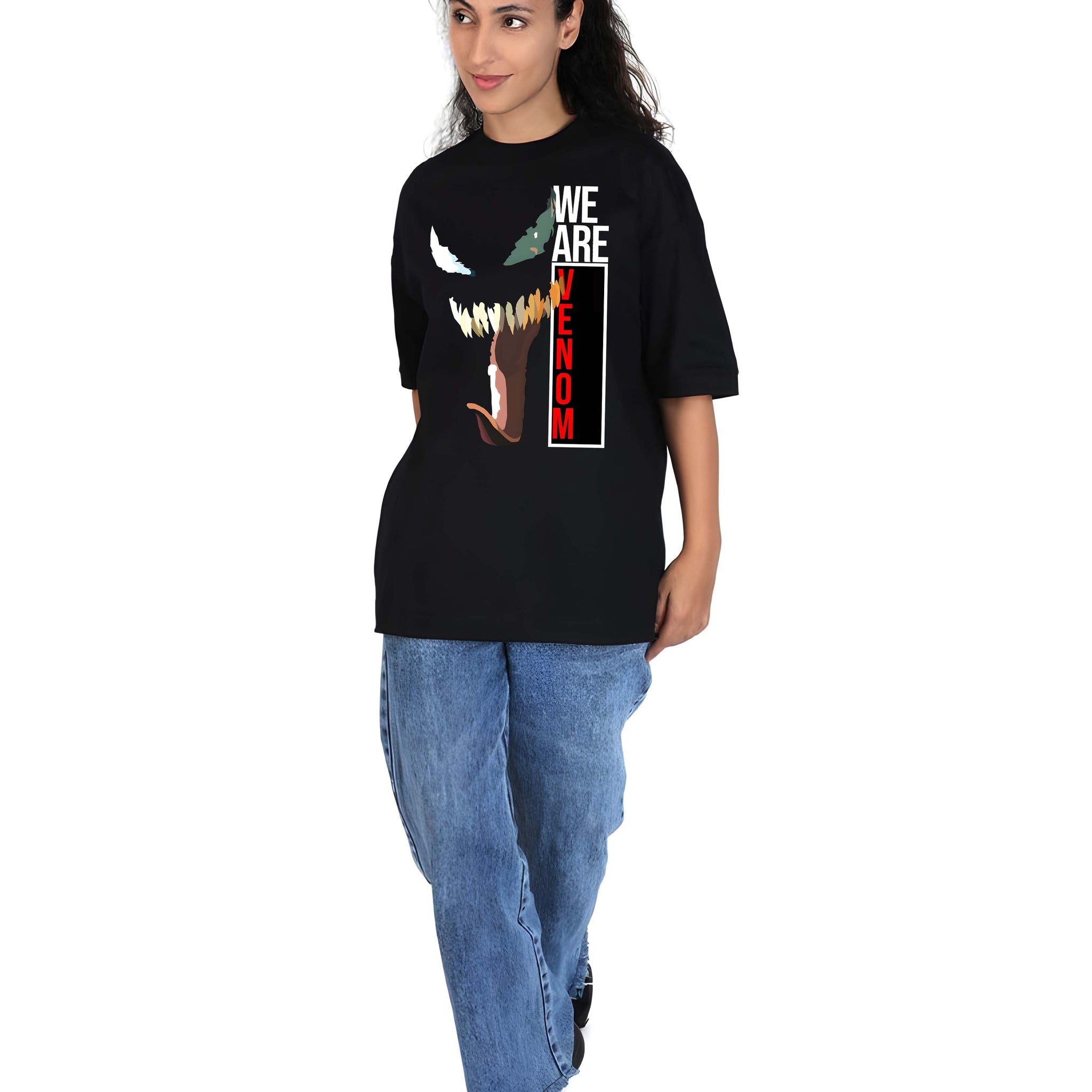 Women’s Black Cotton Oversized T-Shirt - Graphic Printed, Casual Round Neck by Kaido