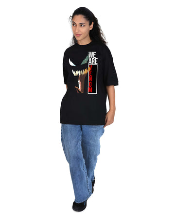 Women’s Black Cotton Oversized T-Shirt - Graphic Printed, Casual Round Neck by Kaido