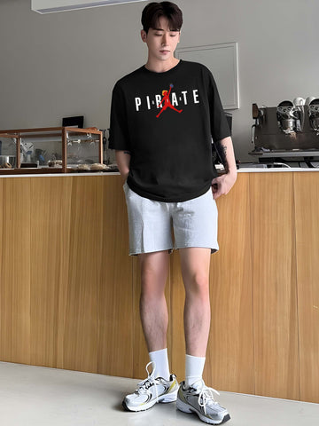 Men's Oversized T-Shirt - Black Cotton Graphic Print