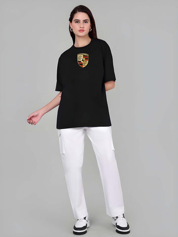 Kaido Women Black Pure Cotton Over Size Printed Stylish T-Shirt