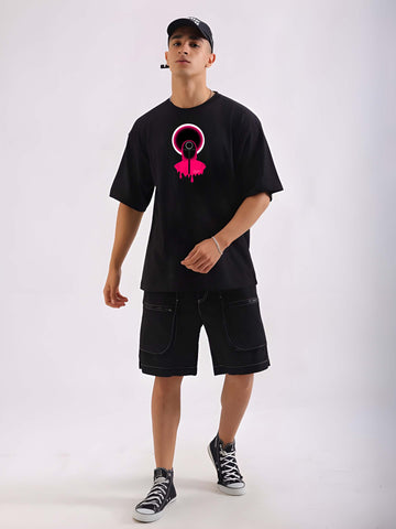 Men's Oversized T-Shirt - Black Cotton Graphic Print