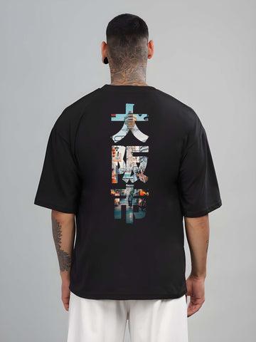 Men's Oversized T-Shirt - Black Cotton Graphic Print