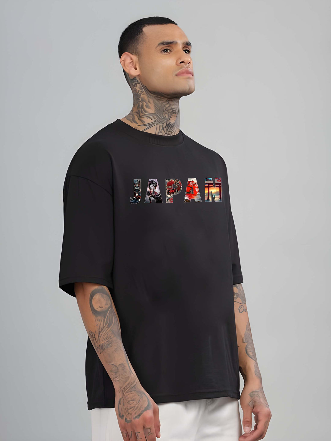 Men's Oversized T-Shirt - Black Cotton Graphic Print