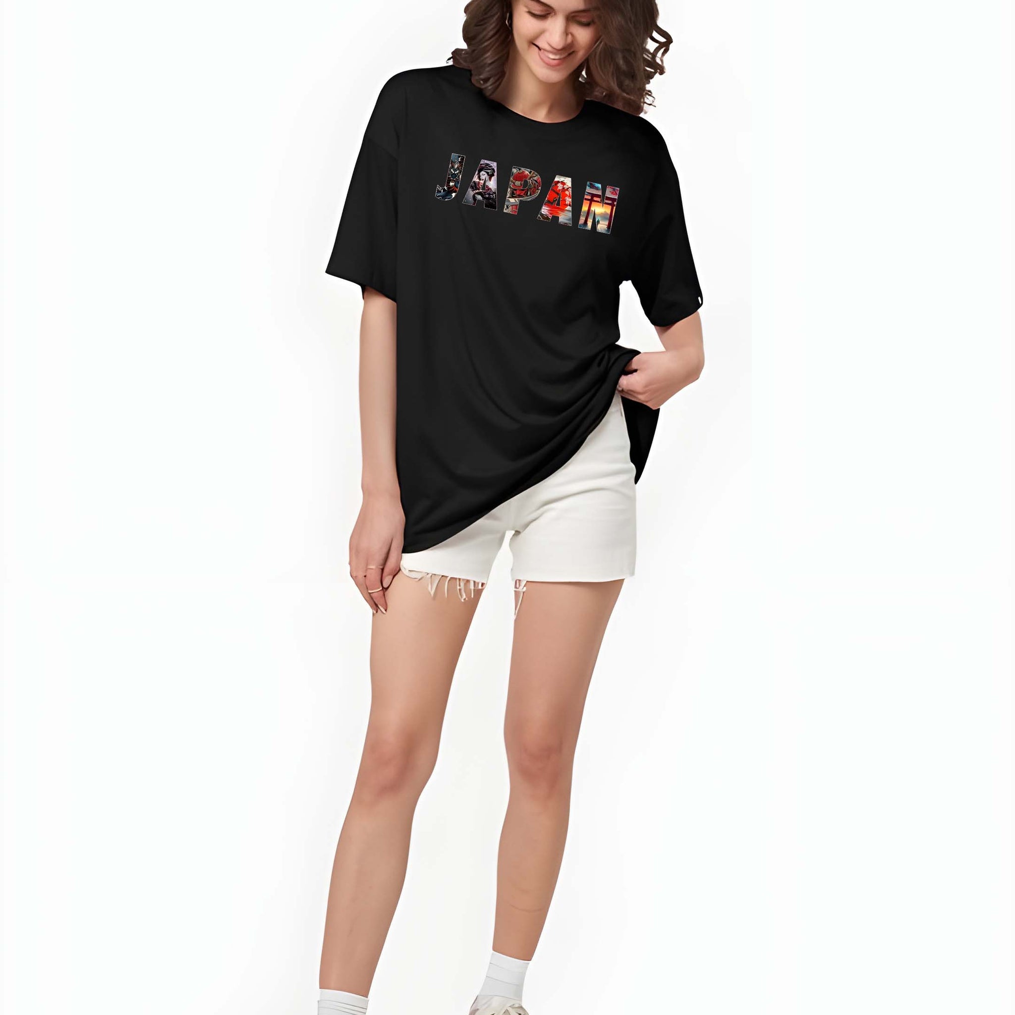 Kaido Women Black Pure Cotton Over Size Printed Stylish T-Shirt