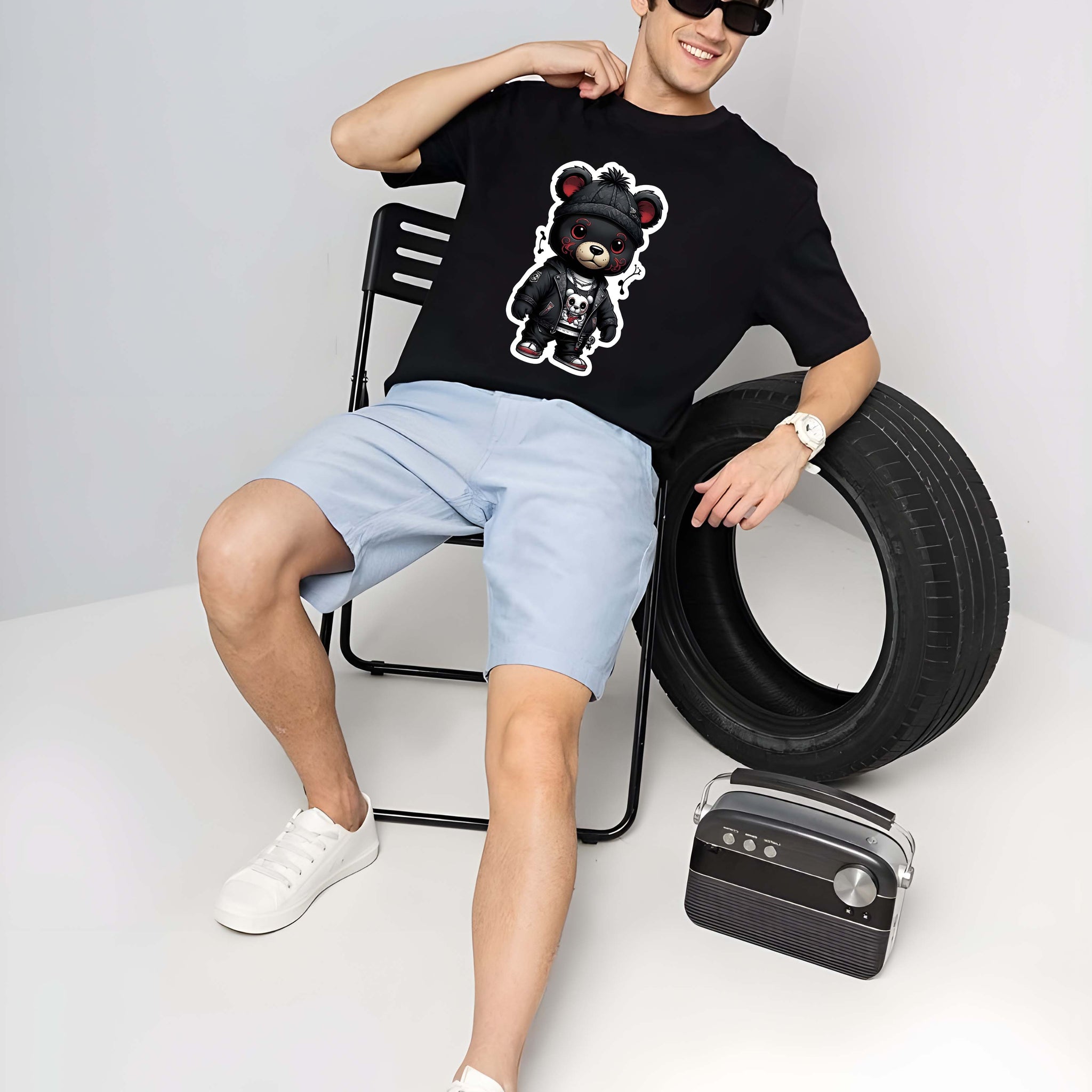 Men's Oversized T-Shirt - Black Cotton Graphic Print