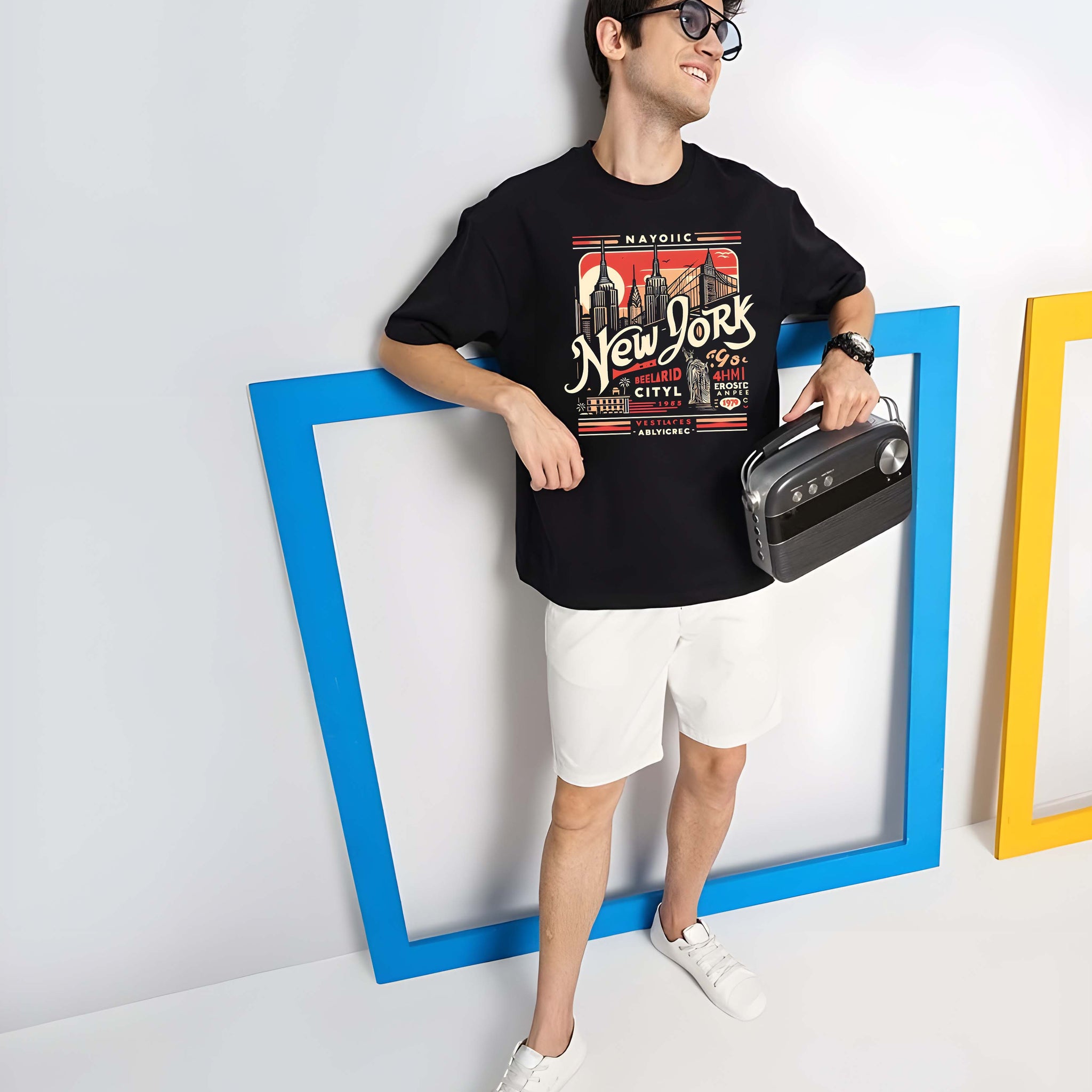 Men's Oversized T-Shirt - Black Cotton Graphic Print