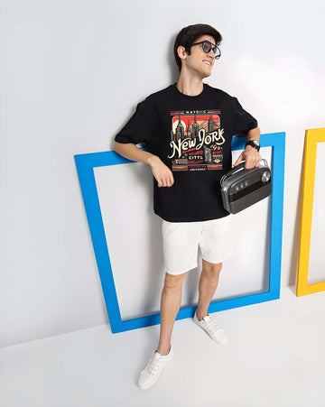 Men's Oversized T-Shirt - Black Cotton Graphic Print