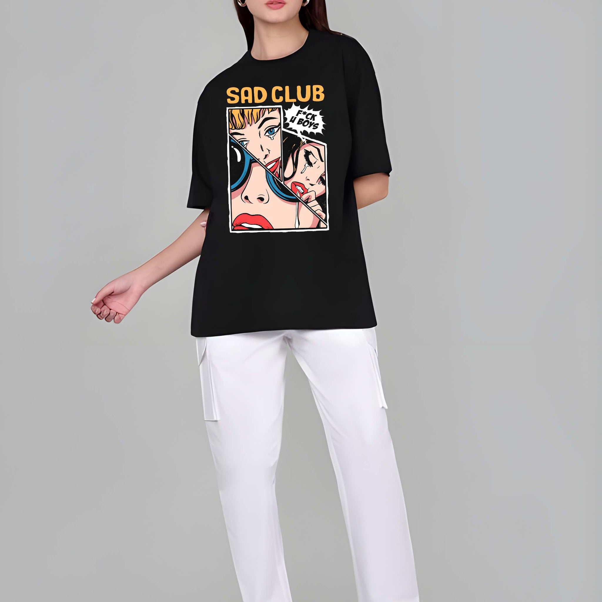 Kaido Women Black Pure Cotton Over Size Printed Stylish T-Shirt