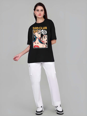 Kaido Women Black Pure Cotton Over Size Printed Stylish T-Shirt