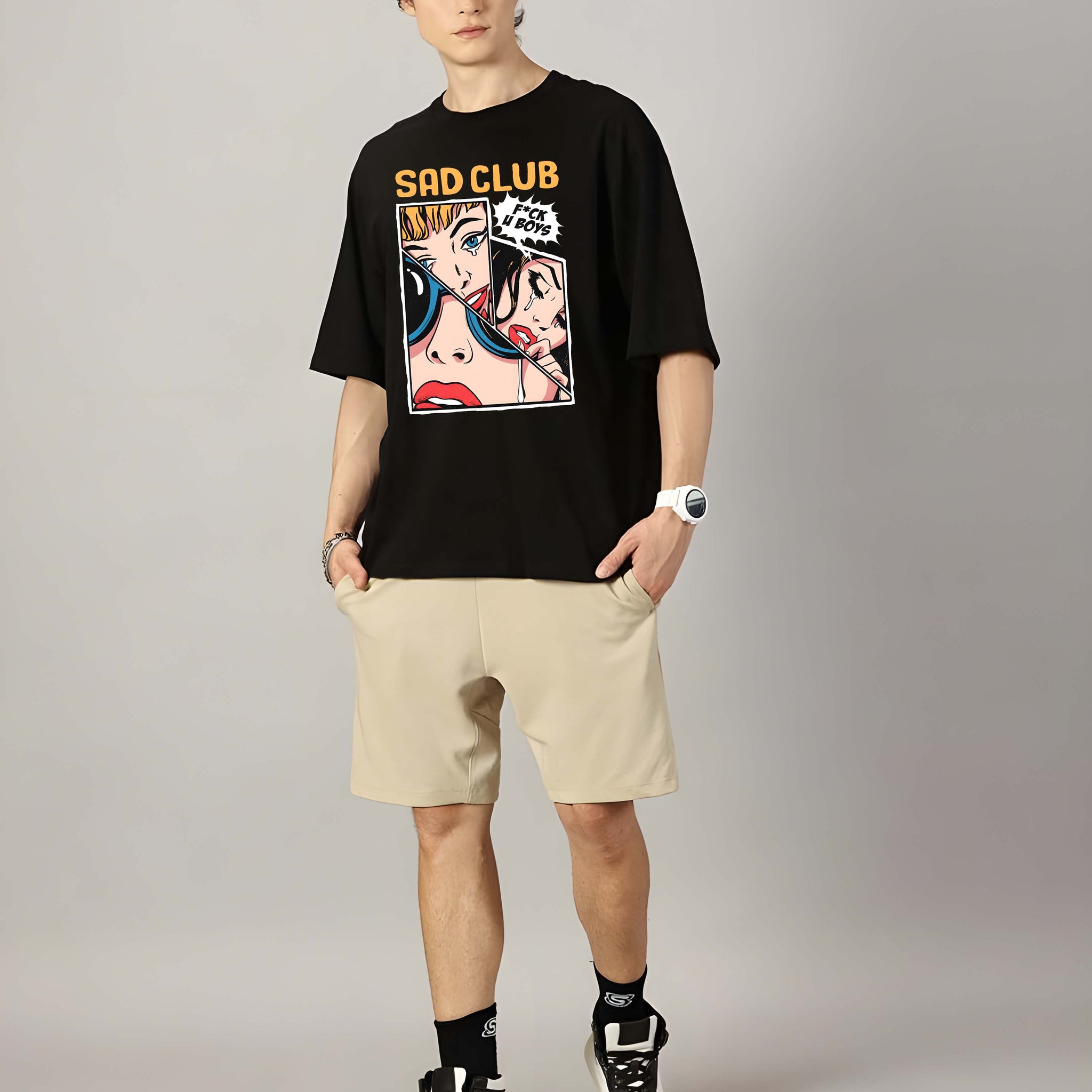 Men's Oversized T-Shirt - Black Cotton Graphic Print