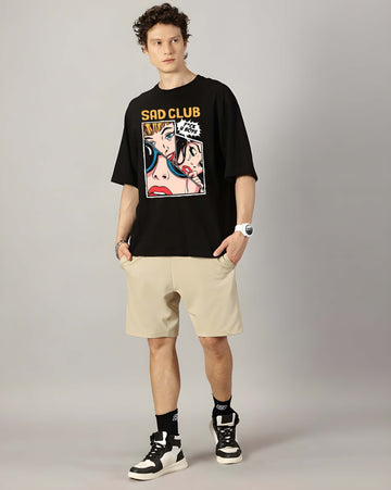 Men's Oversized T-Shirt - Black Cotton Graphic Print