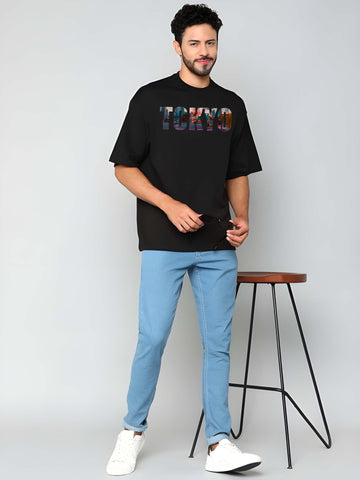 Men's Oversized T-Shirt - Black Cotton Graphic Print