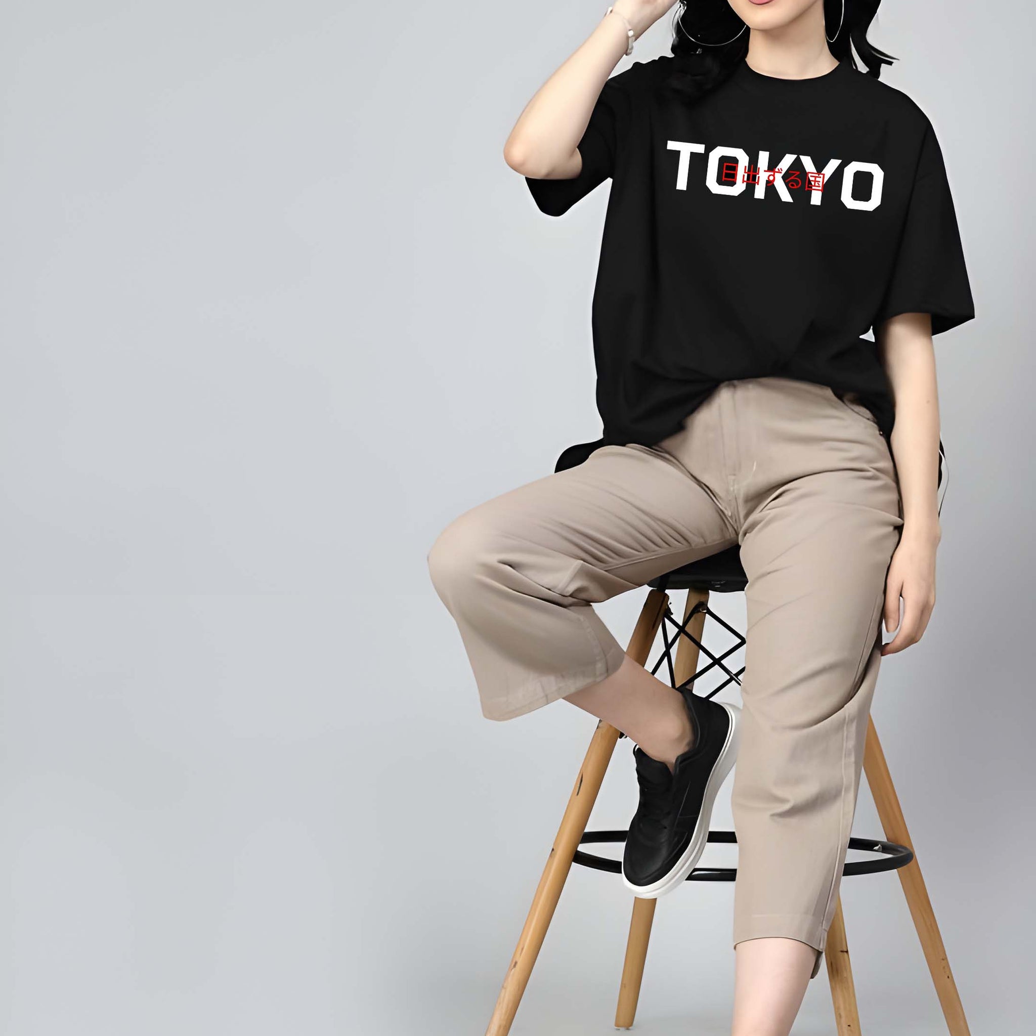 Kaido Women Black Pure Cotton Over Size Printed Stylish T-Shirt