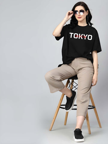 Kaido Women Black Pure Cotton Over Size Printed Stylish T-Shirt