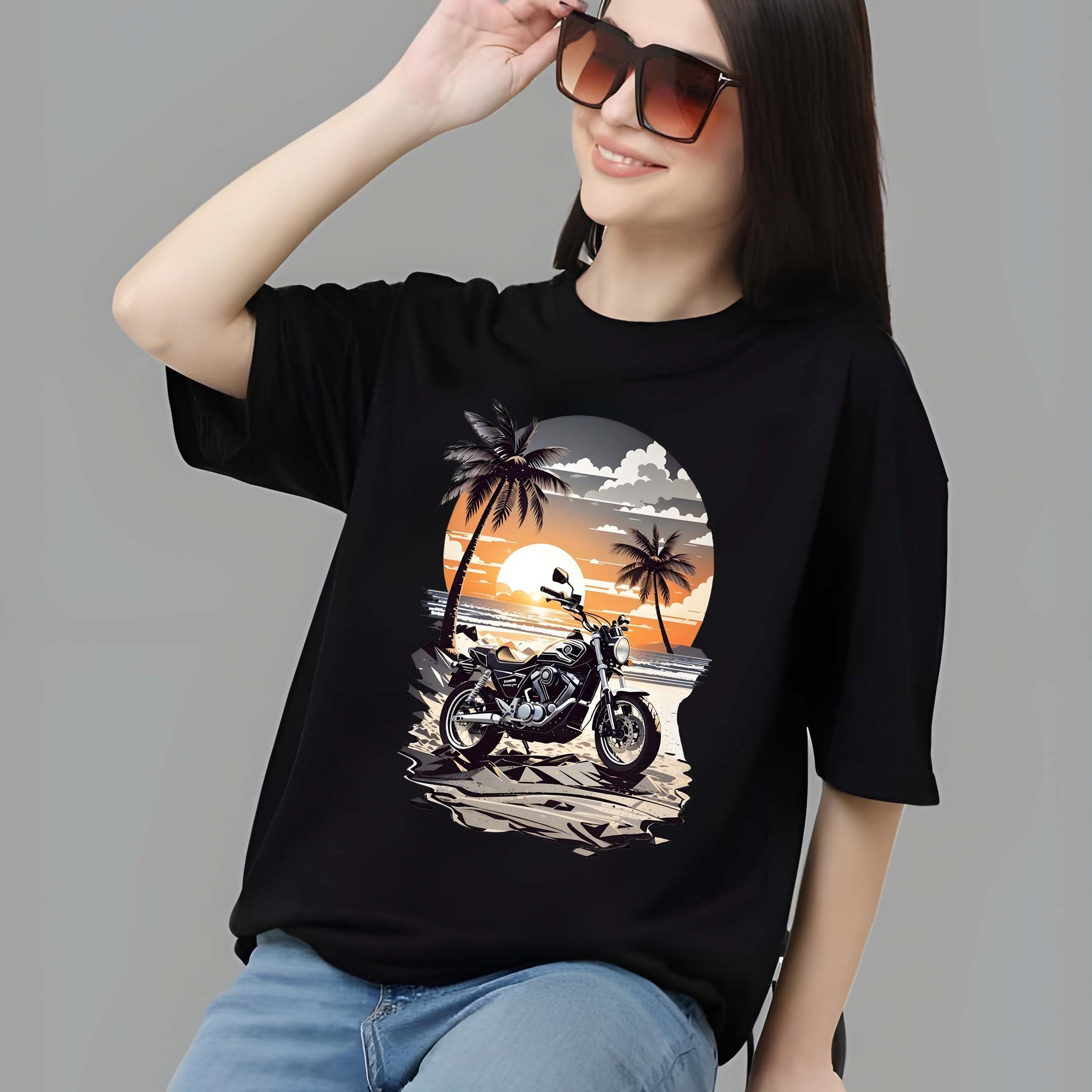 Kaido Women Black Pure Cotton Over Size Printed Stylish T-Shirt