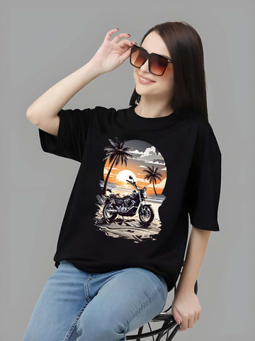 Kaido Women Black Pure Cotton Over Size Printed Stylish T-Shirt