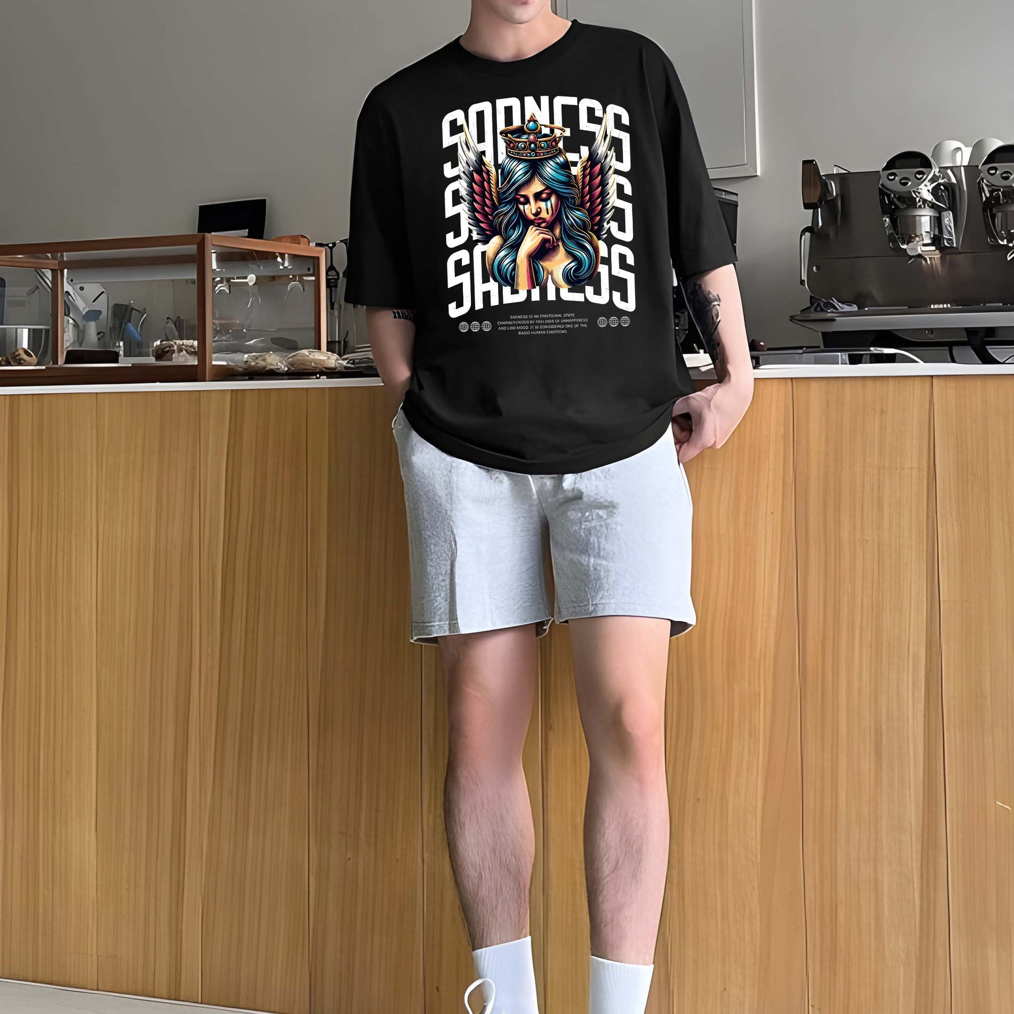 Men's Oversized T-Shirt - Black Cotton Graphic Print