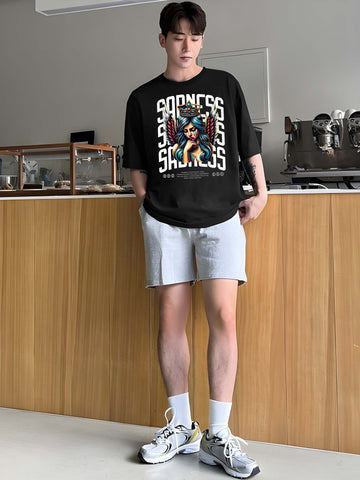 Men's Oversized T-Shirt - Black Cotton Graphic Print