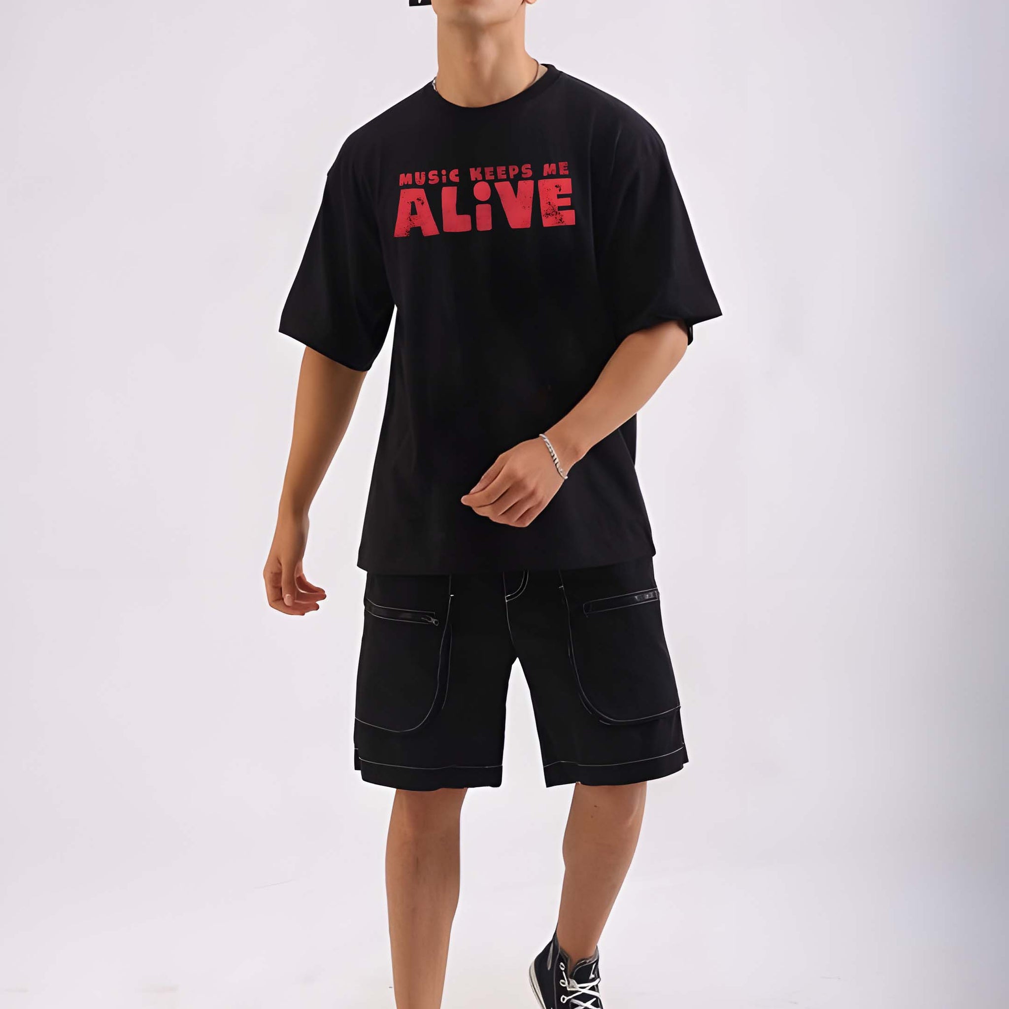 Men's Oversized T-Shirt - Black Cotton Graphic Print