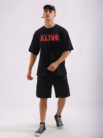 Men's Oversized T-Shirt - Black Cotton Graphic Print