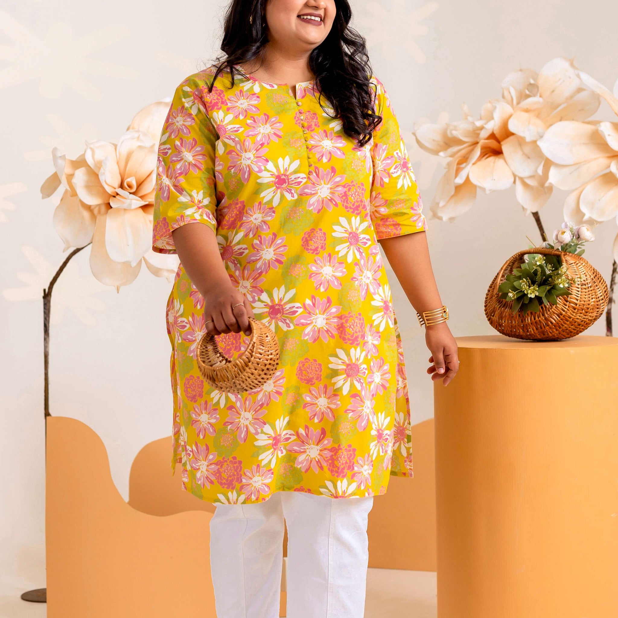 Yellow Printed Cotton Tunics for Women - LALI JAIPUR