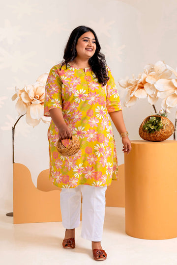 Yellow Printed Cotton Tunics for Women - LALI JAIPUR