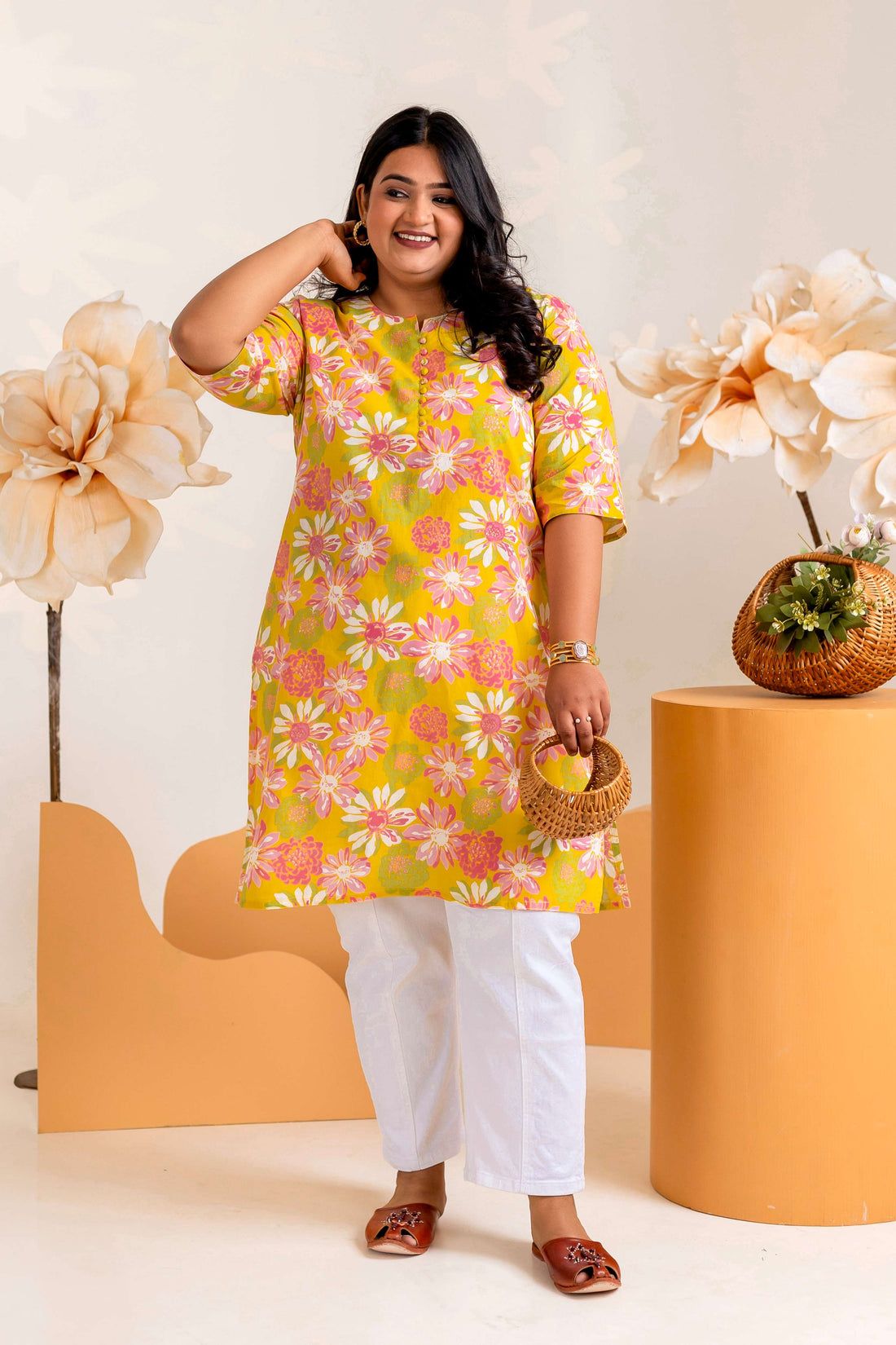 Yellow Printed Cotton Tunics for Women - LALI JAIPUR