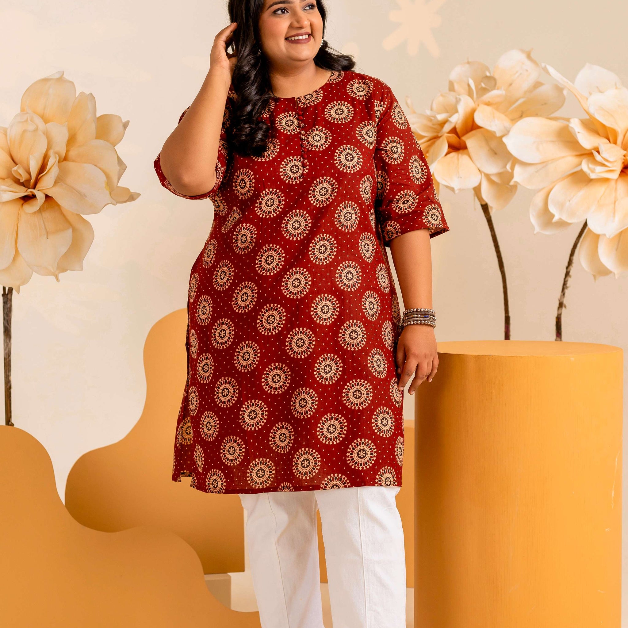 Maroon Printed Cotton Tunics for Women - LALI JAIPUR