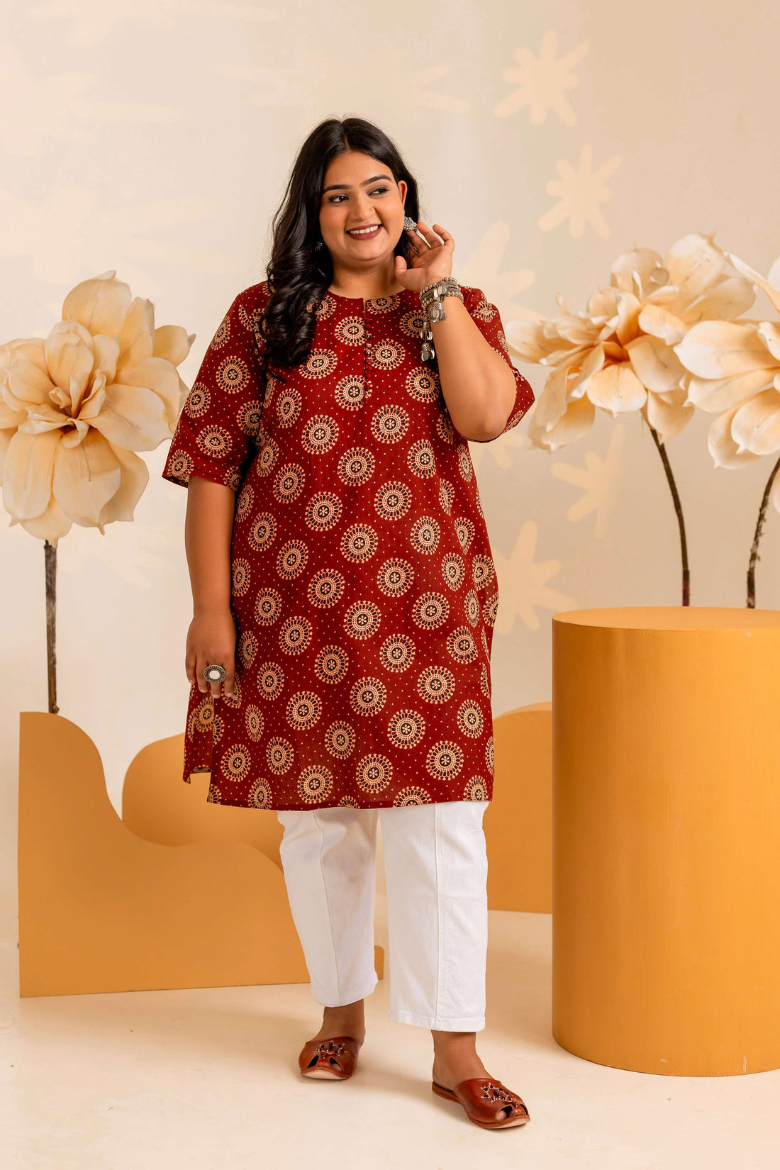 Maroon Printed Cotton Tunics for Women - LALI JAIPUR