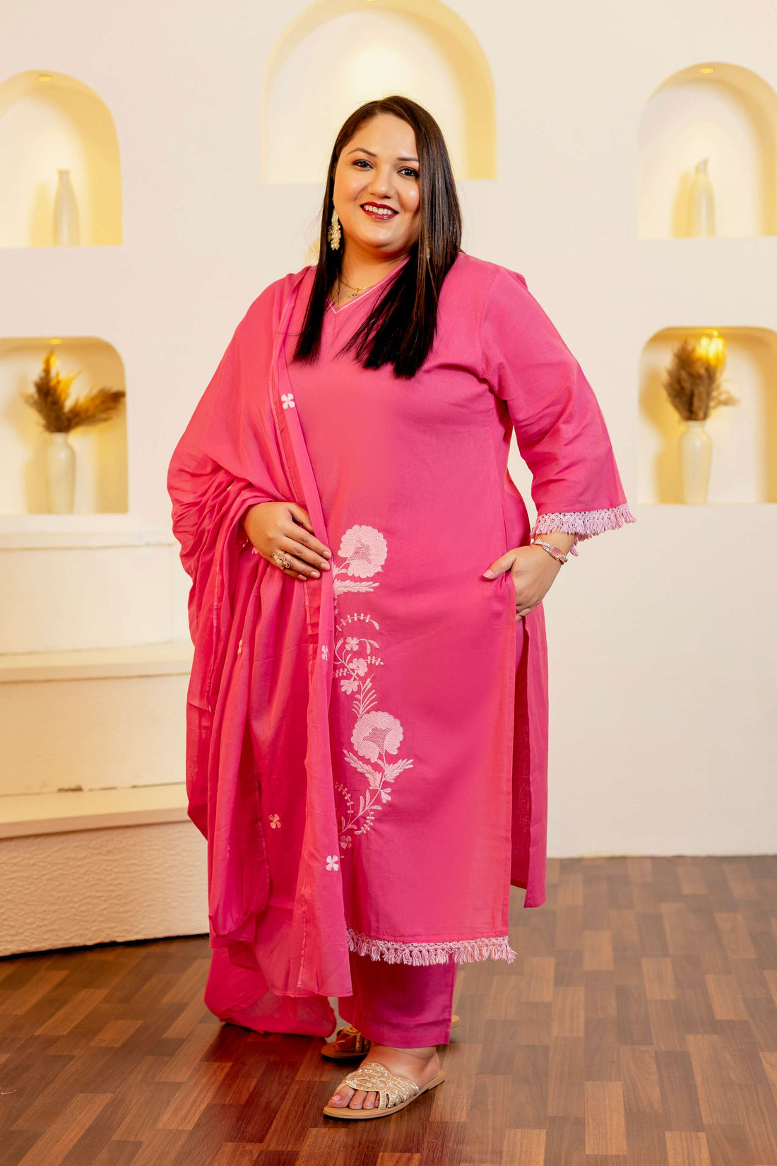 Pink Embroidered Pure Cotton Kurta Sets for Women - Lali Jaipur