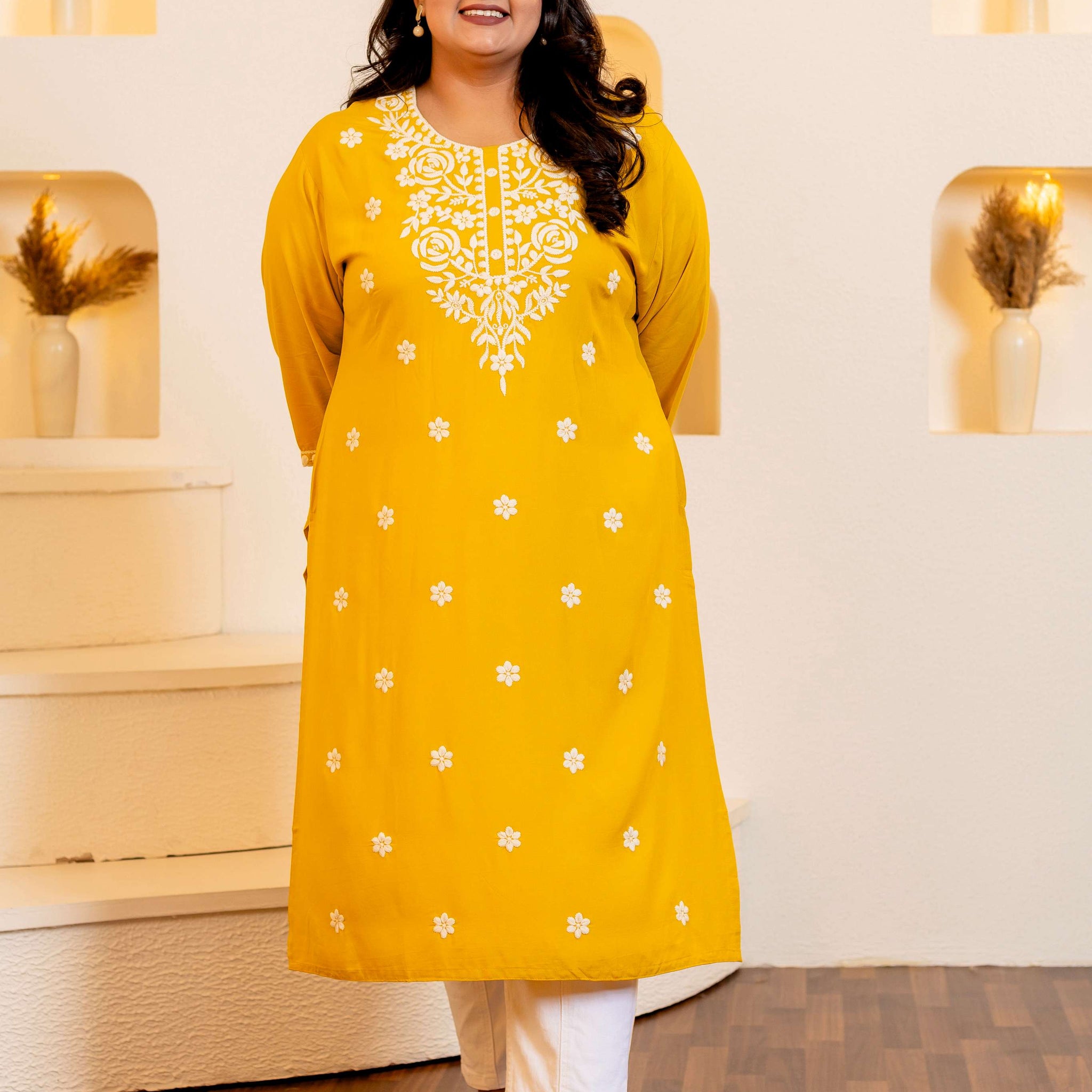 Mustard Viscose Rayon Solid Kurtis for Women - Lali Jaipur