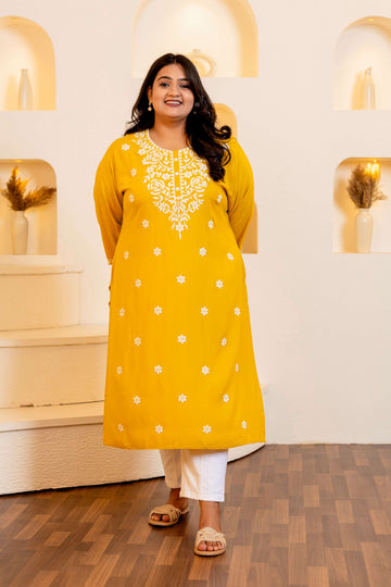 Mustard Viscose Rayon Solid Kurtis for Women - Lali Jaipur