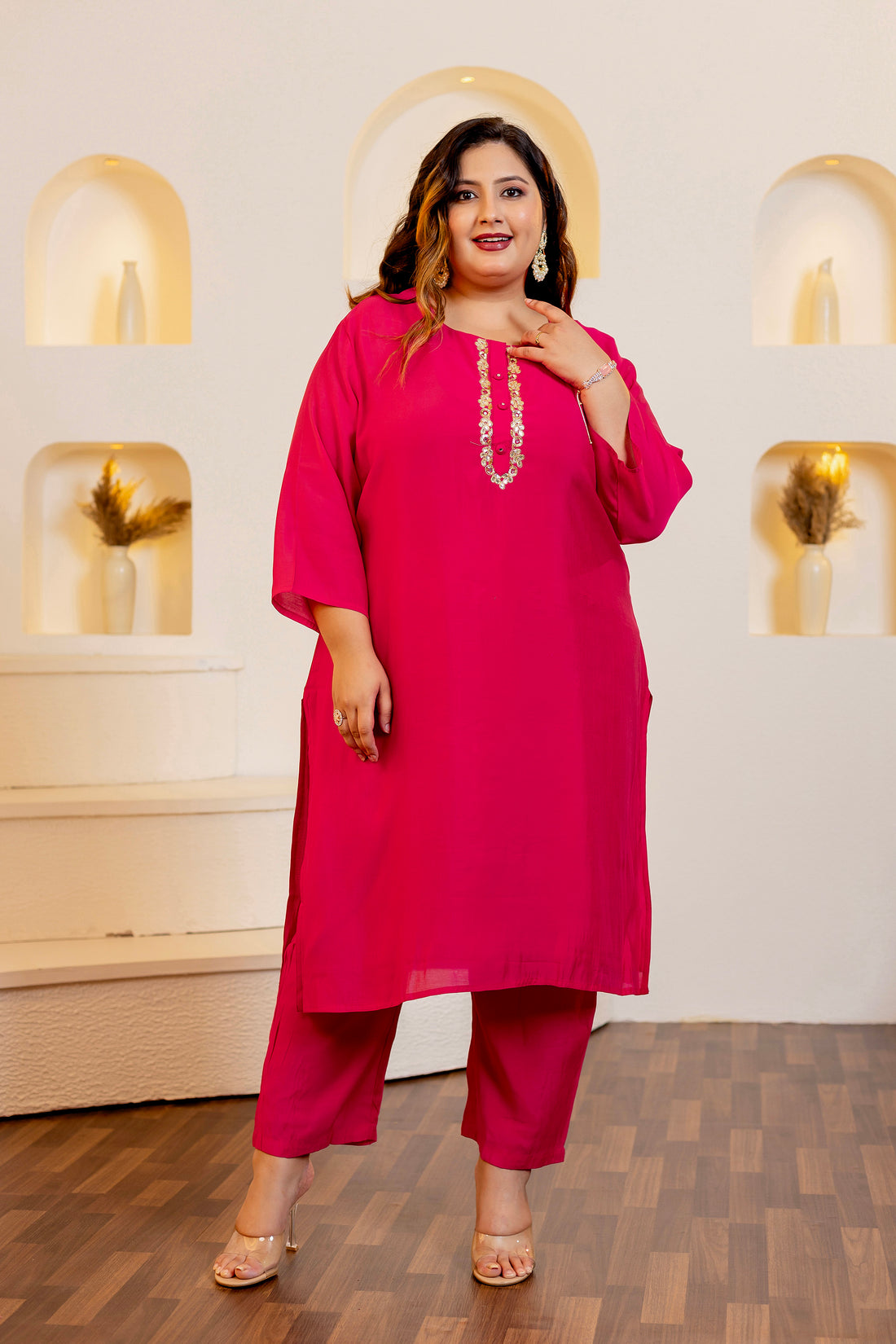 Pink Self Design Pure Cotton Kurta Sets for Women - Lali Jaipur