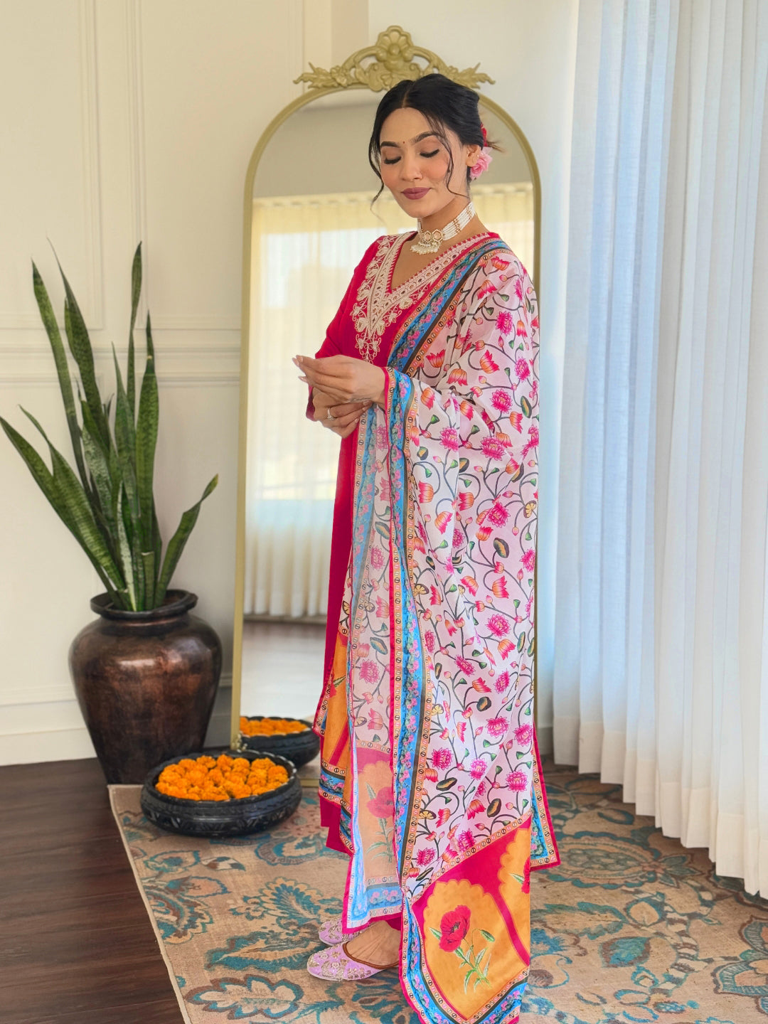 Women Magenta Embroidered Kurt