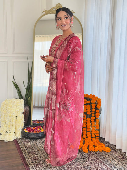 Women Rose Pink Embroidered Ku