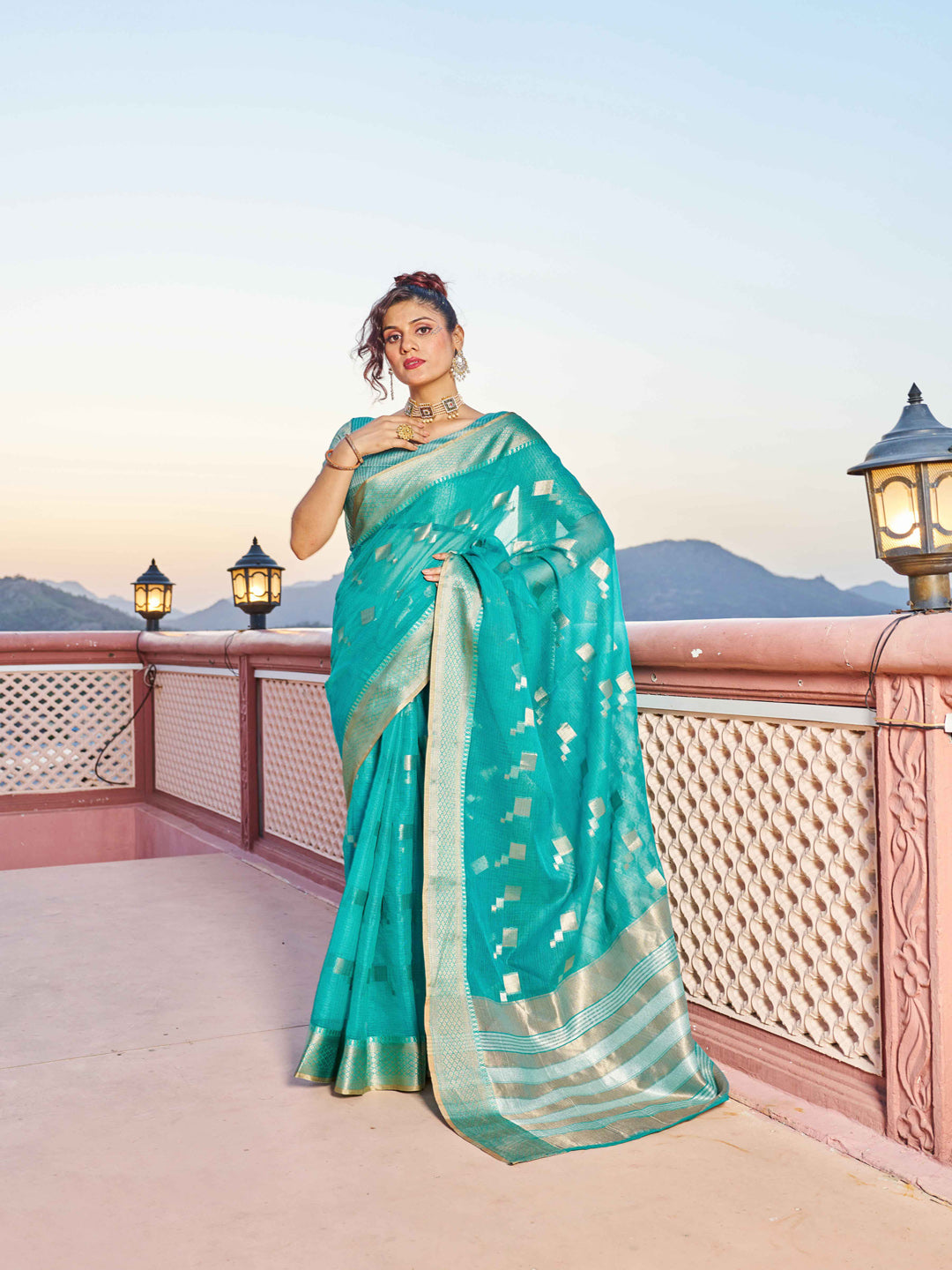 Swornof Womens Patola Organza Saree with blouse piece - Firozy