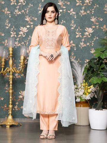 Peach Chanderi Silk Kurta Set With Dupatta - Laxis