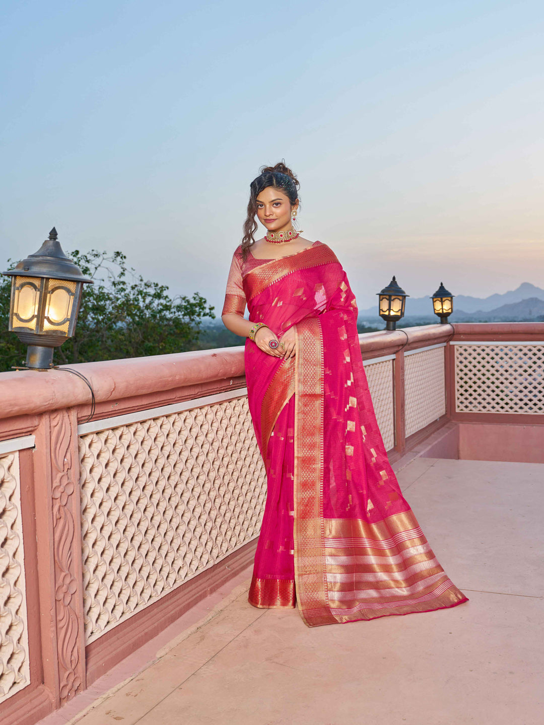 Swornof Womens Patola Organza Saree with blouse piece - Rani