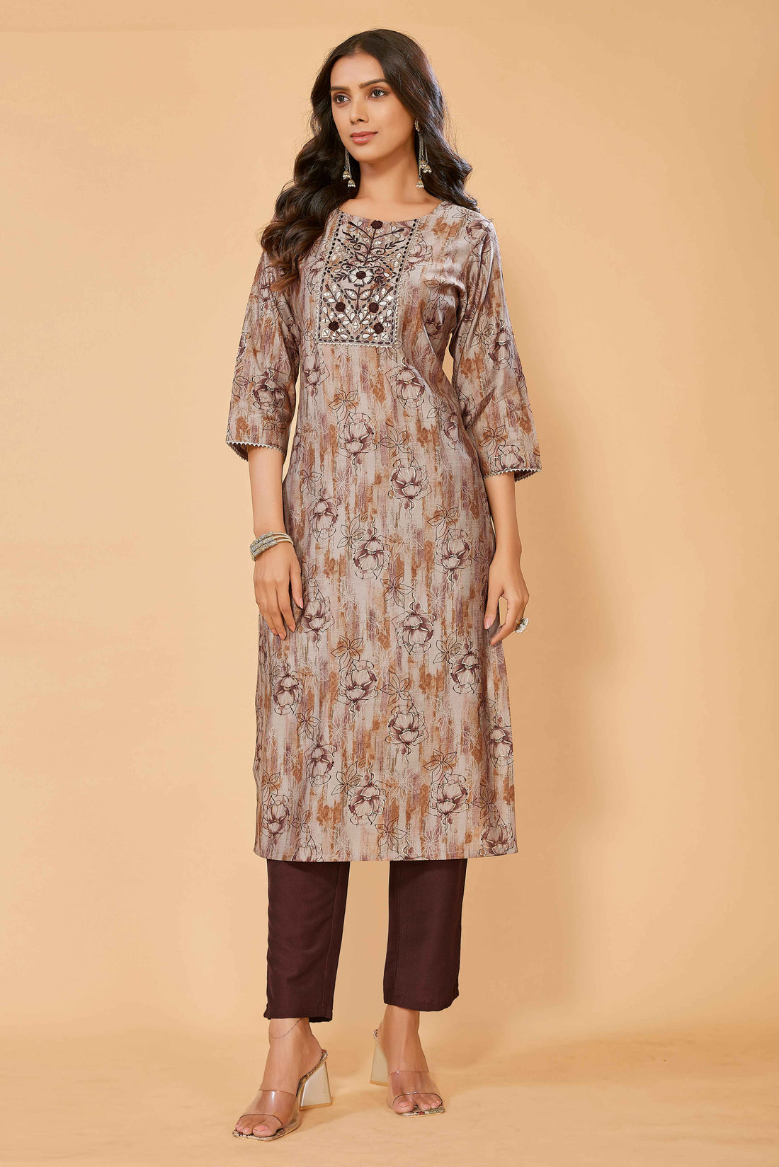 SUNDARNAARI Brown Kurta Set for Women | Printed Chanderi Cotton | Stylish & Comfortable | Perfect for Festive & Casual Wear