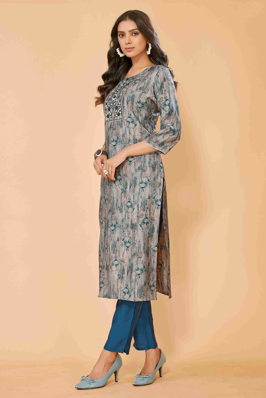 SUNDARNAARI Teal Kurta Set for Women | Printed Chanderi Cotton Blend | Elegant & Lightweight | Perfect for Festive & Daily Wear