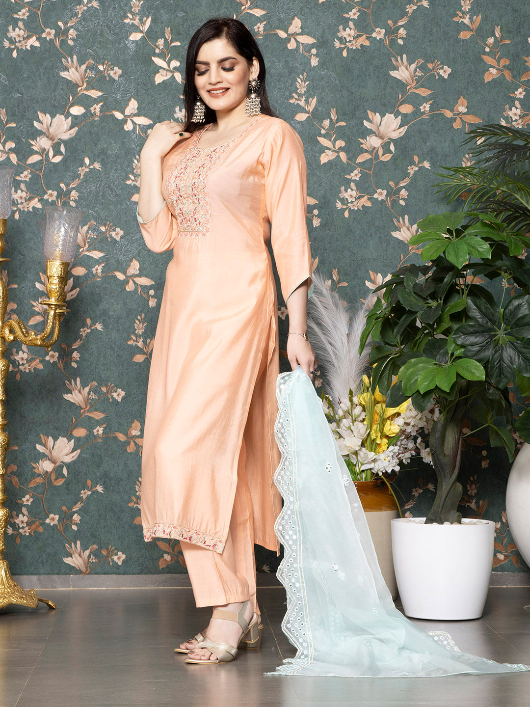 Peach Chanderi Silk Kurta Set With Dupatta - Laxis