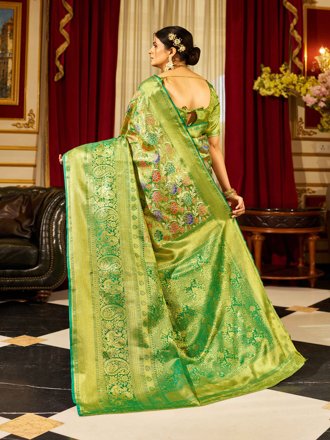 Swornof Women's cotton Silk Saree With Unstitched Boluse Piece - Green