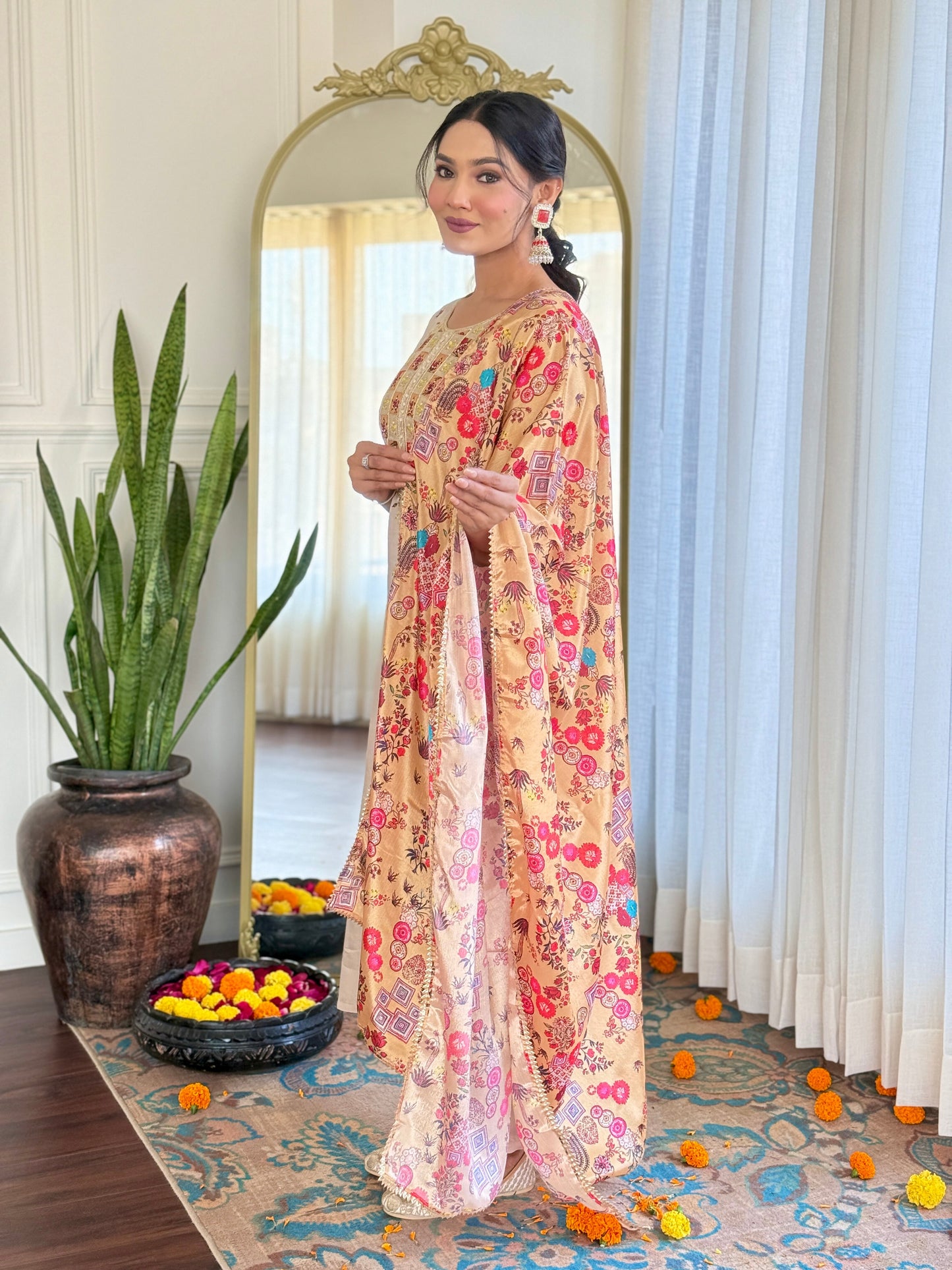 Beige Embroidered Kurta