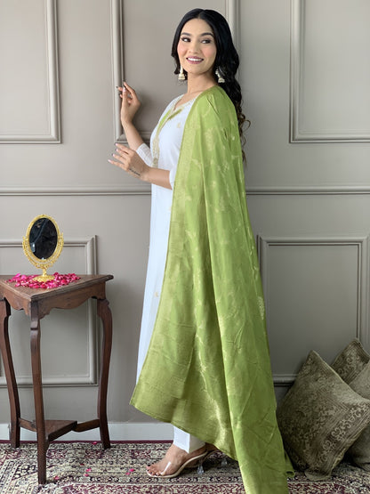 Women White Embroidered Kurta with Trousers and Dupatta