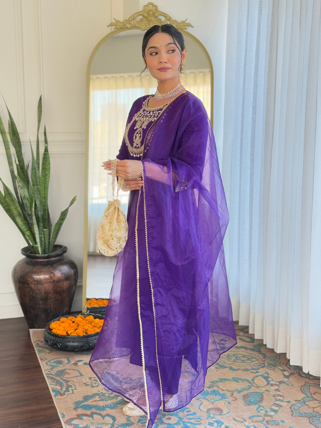 Women Purple Embroidered Kurta