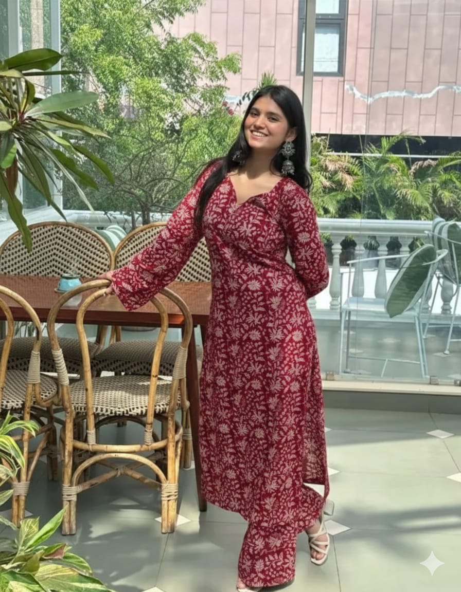 Women Maroon Color Cotton Kurta Bottom Set