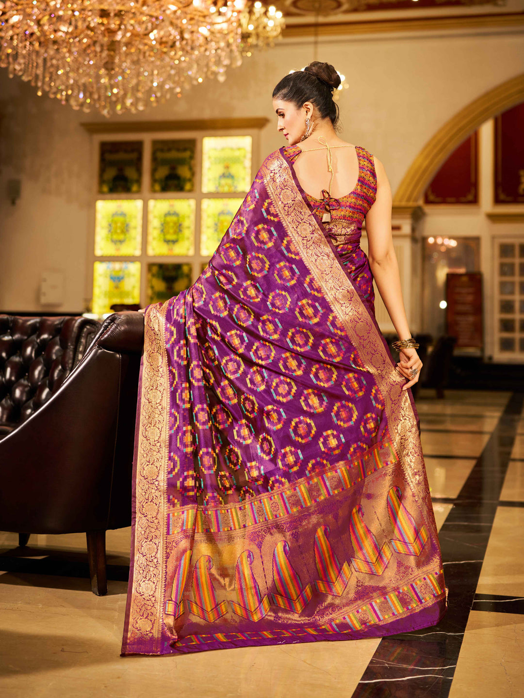 Swornof Womens Patola Organza Saree with blouse piece - Purple