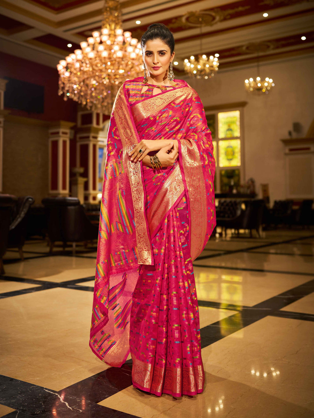 Swornof Womens Patola Organza Saree with blouse piece - Pink