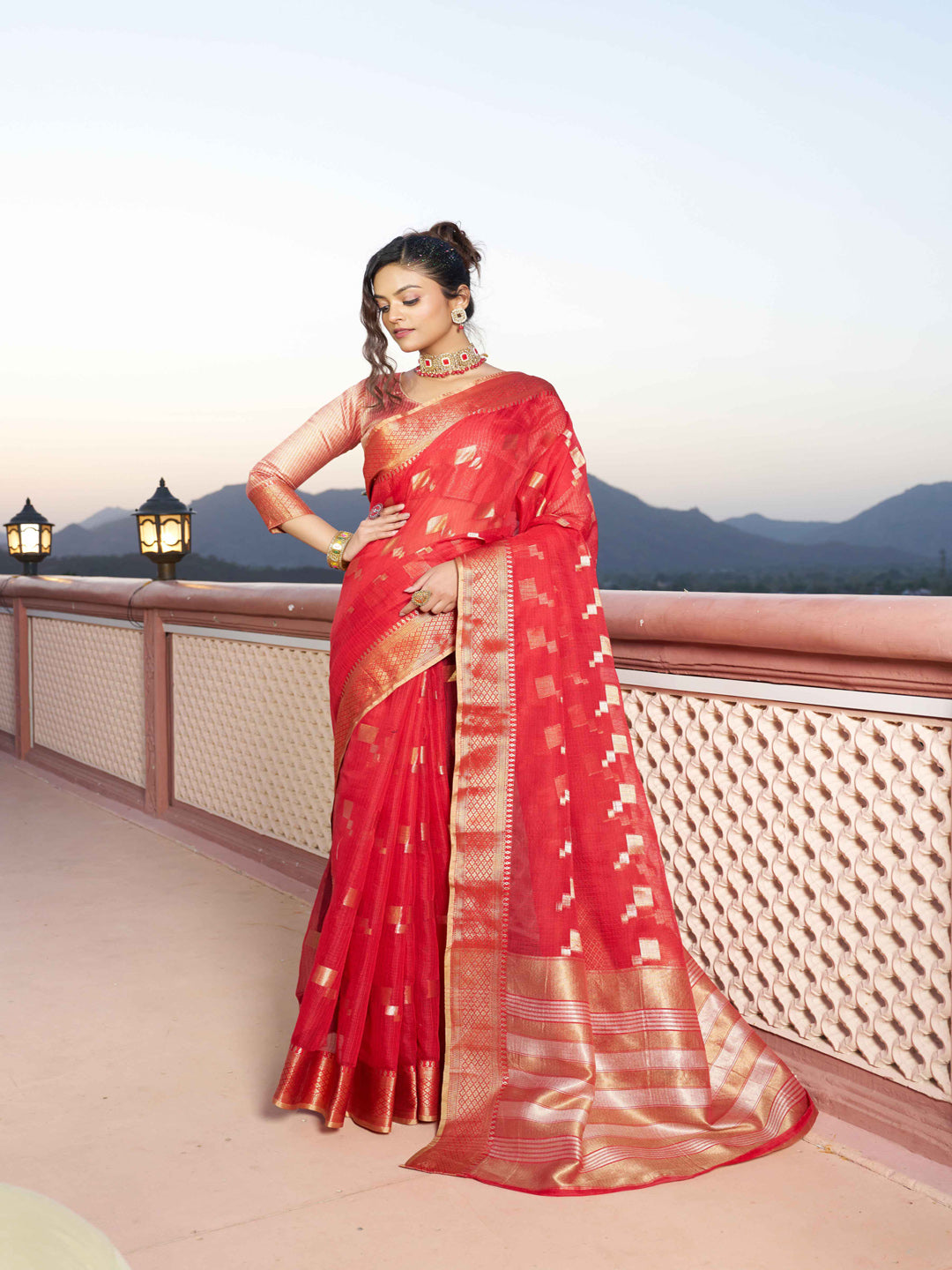 Swornof Womens Patola Organza Saree with blouse piece - Red