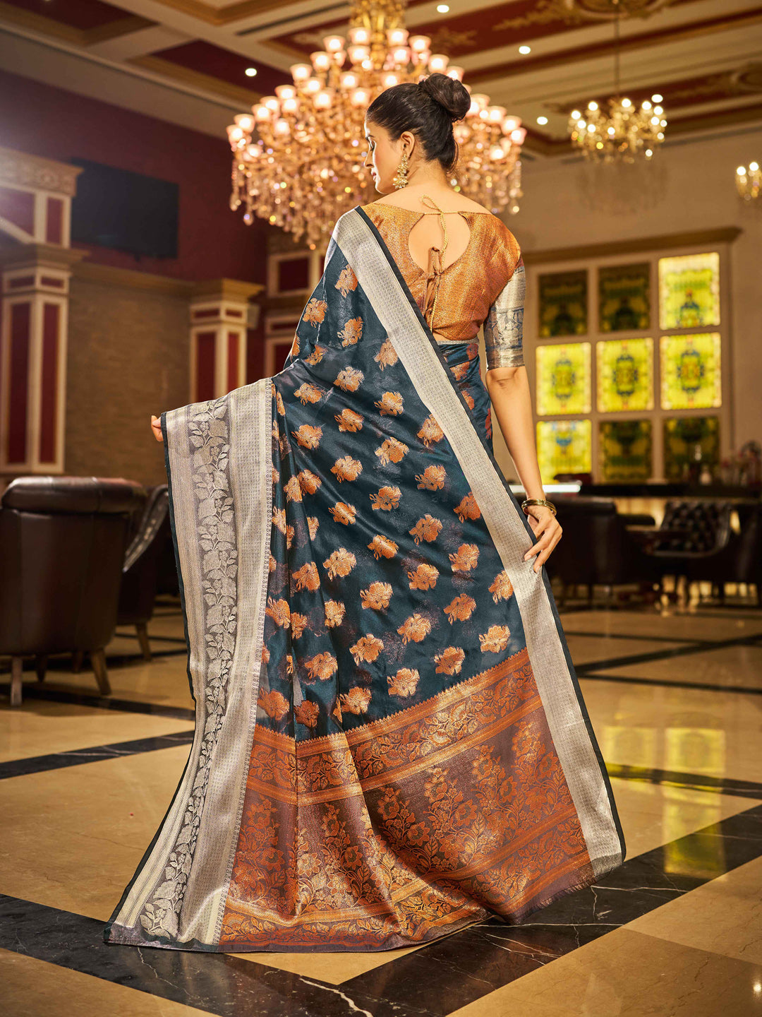 Swornof Womens Silk Saree With Blouse Piece - Greys Blue